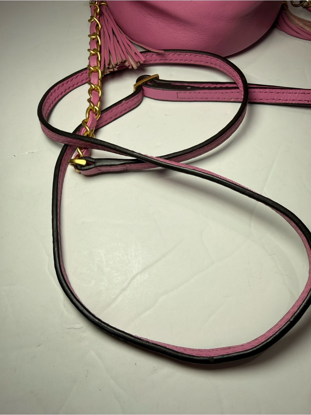MCM Pink Rabbit Round Crossbody Tambourine Bag Visetos Tassel Chain Rare - Picture 11 of 13